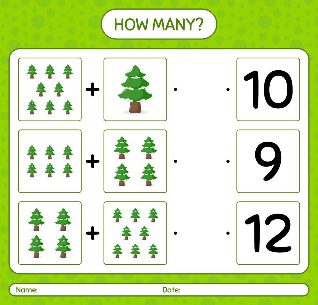How many counting game with pine tree. worksheet for preschool kids, kids activity sheet vector