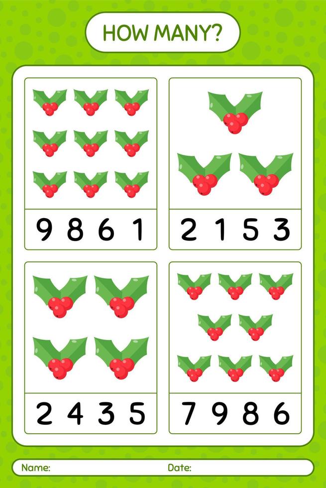 How many counting game with holly berry. worksheet for preschool kids, kids activity sheet vector