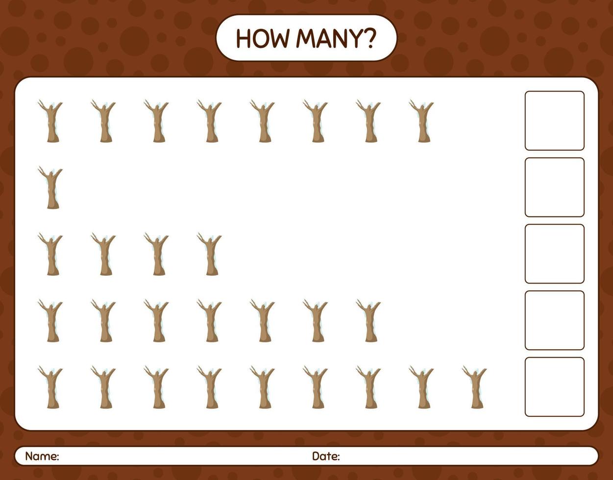 How many counting game with dead tree. worksheet for preschool kids, kids activity sheet vector