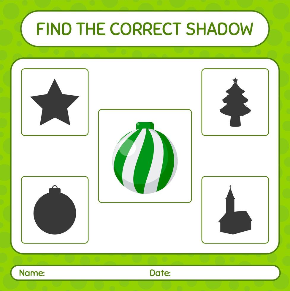 Find the correct shadows game with christmas ornament. worksheet for preschool kids, kids activity sheet vector