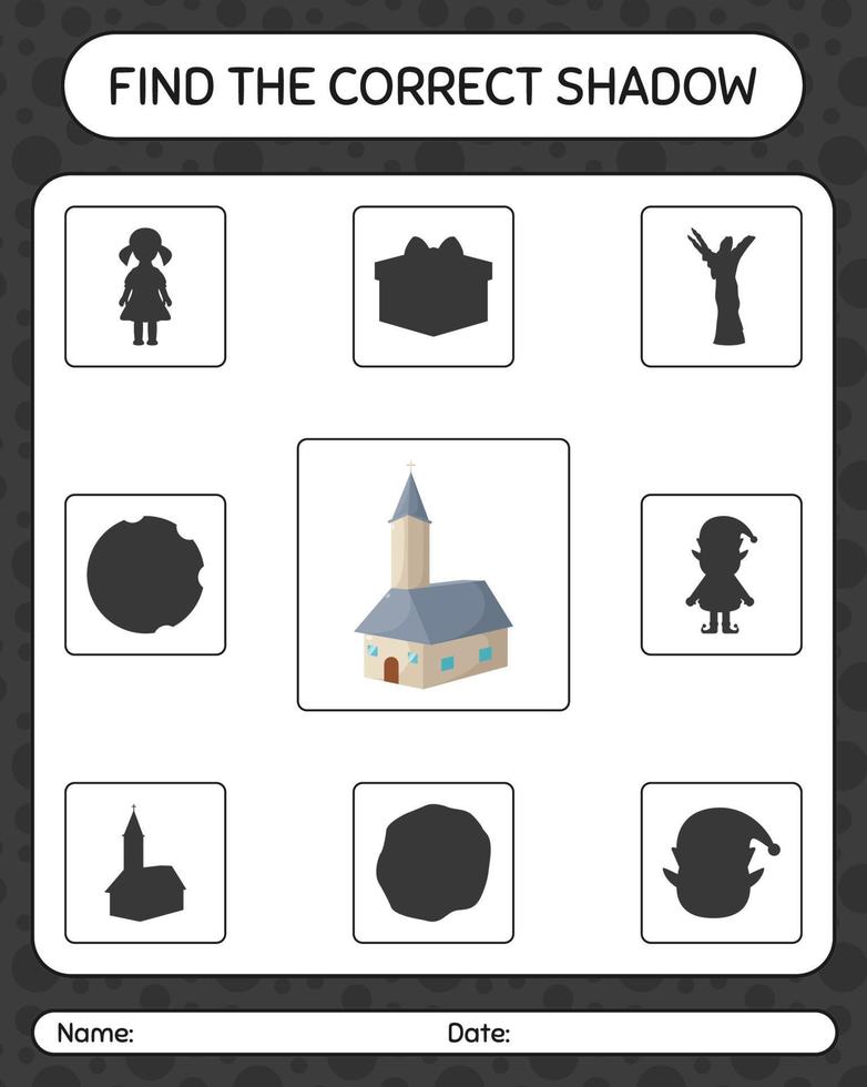 Find the correct shadows game with church. worksheet for preschool kids, kids activity sheet vector