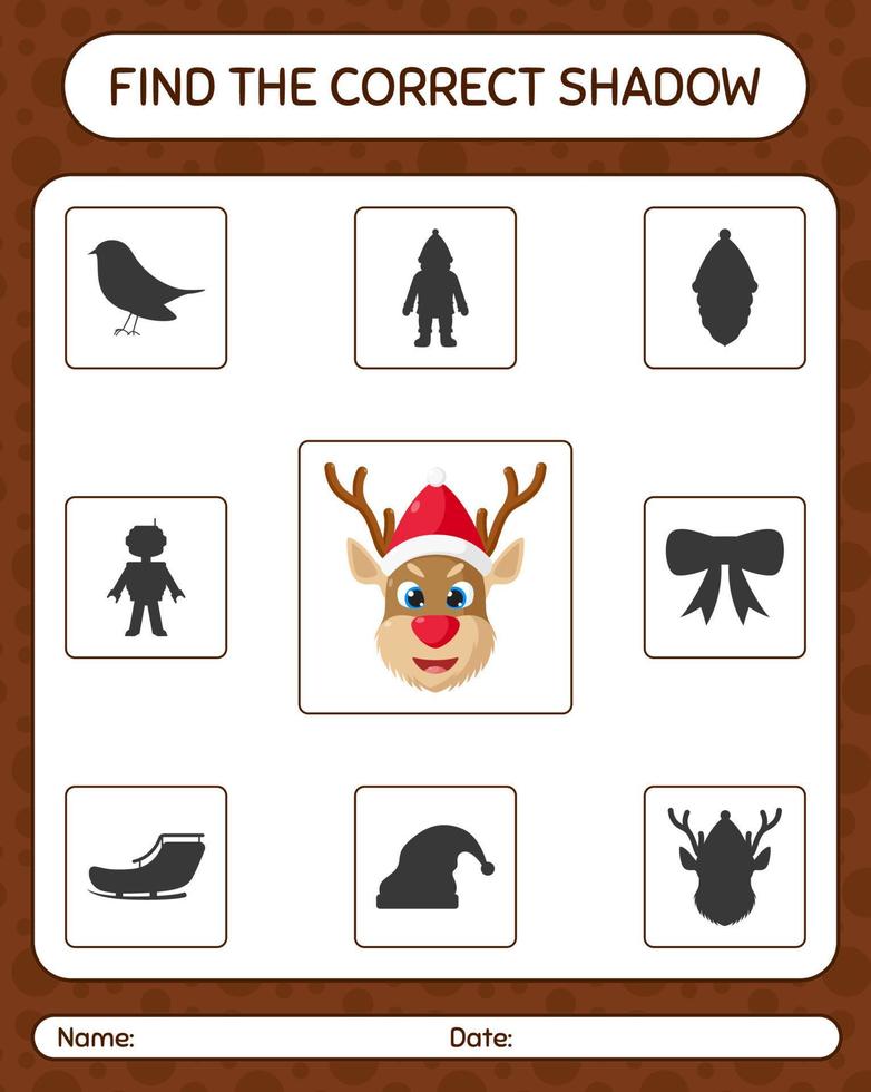 Find the correct shadows game with reindeer. worksheet for preschool kids, kids activity sheet vector