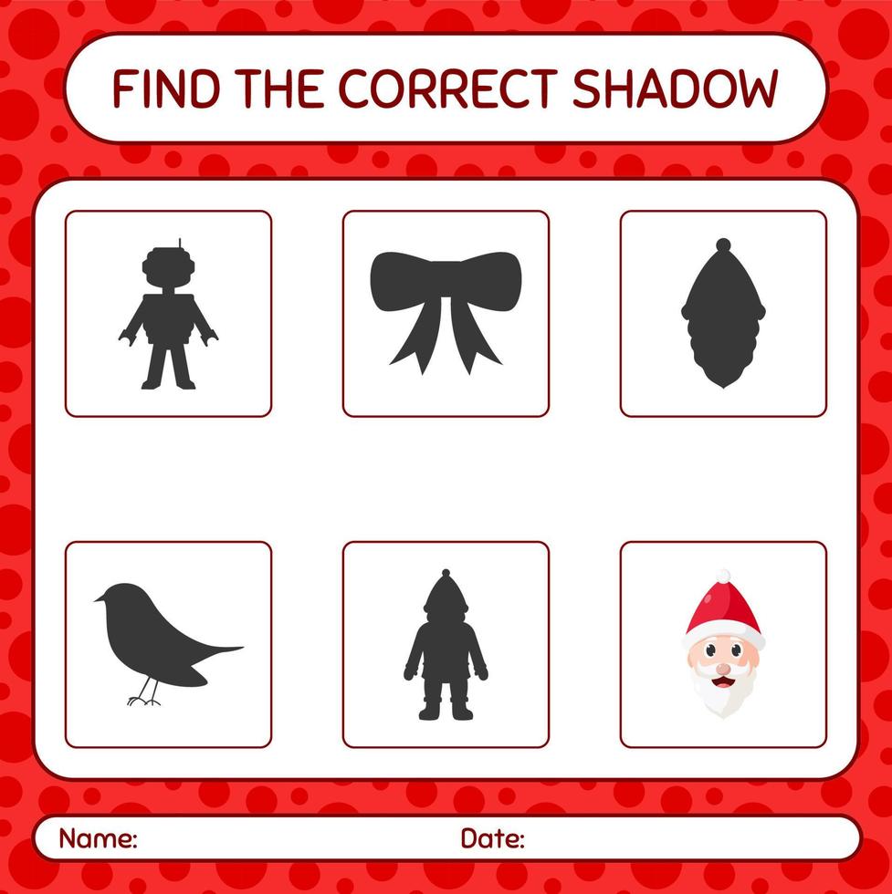 Find the correct shadows game with santa claus. worksheet for preschool kids, kids activity sheet vector