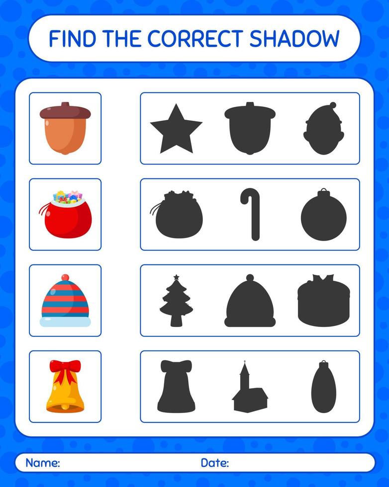 encuentra el juego de sombras correcto con el icono de navidad. hoja de trabajo para niños en edad preescolar, hoja de actividades para niños vector