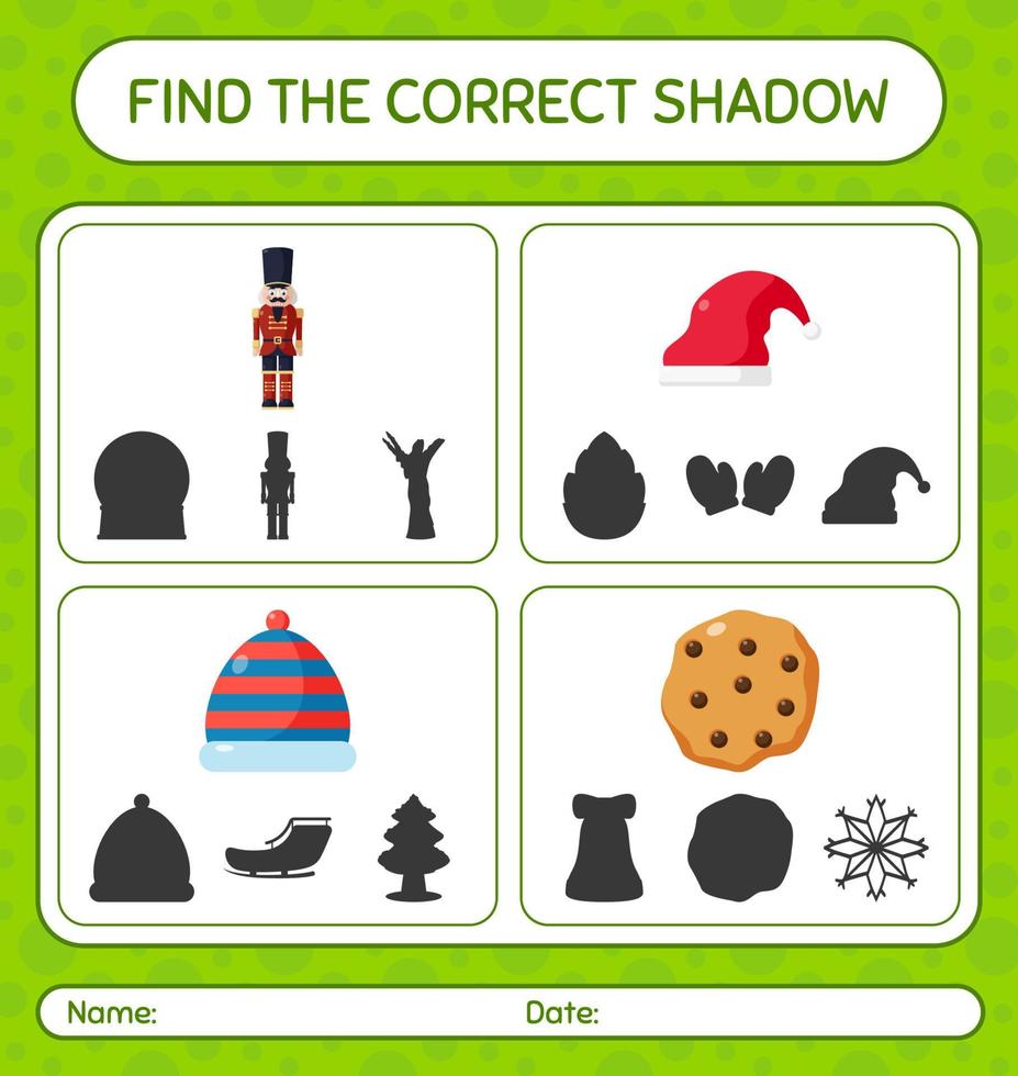Find the correct shadows game with christmas icon. worksheet for preschool kids, kids activity sheet vector