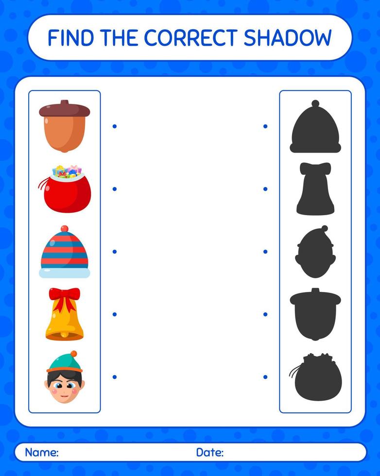 Find the correct shadows game with christmas icon. worksheet for preschool kids, kids activity sheet vector