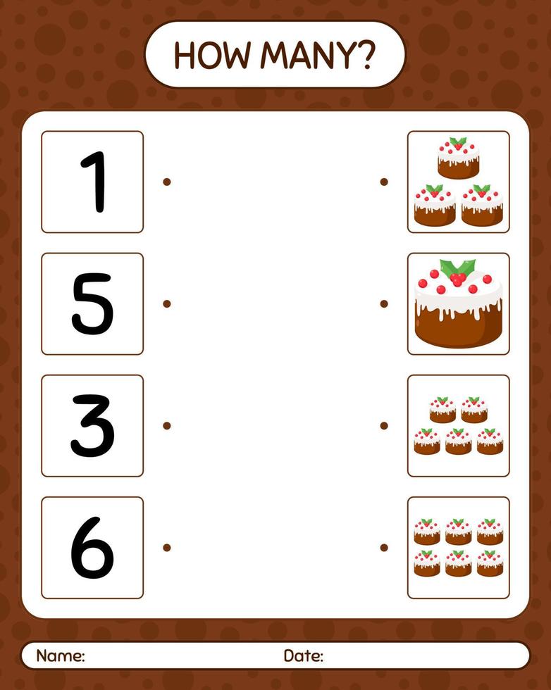 How many counting game with christmas cake. worksheet for preschool kids, kids activity sheet vector