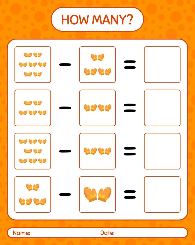 How many counting game with glove. worksheet for preschool kids, kids activity sheet vector