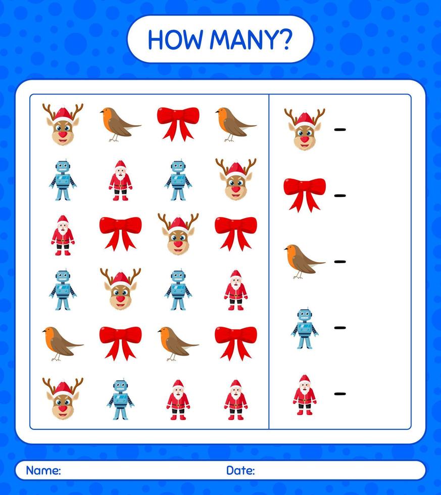 How many counting game with christmas icon. worksheet for preschool kids, kids activity sheet vector