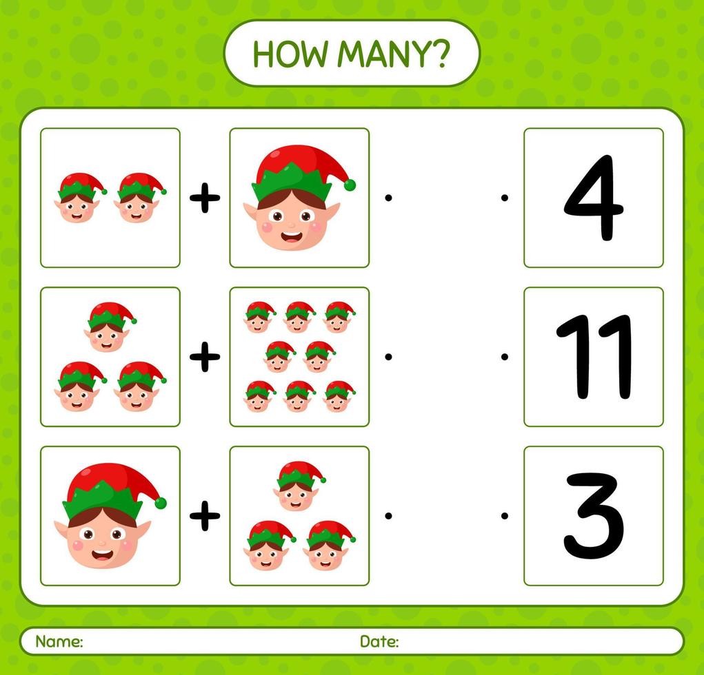 How many counting game with elf. worksheet for preschool kids, kids activity sheet vector