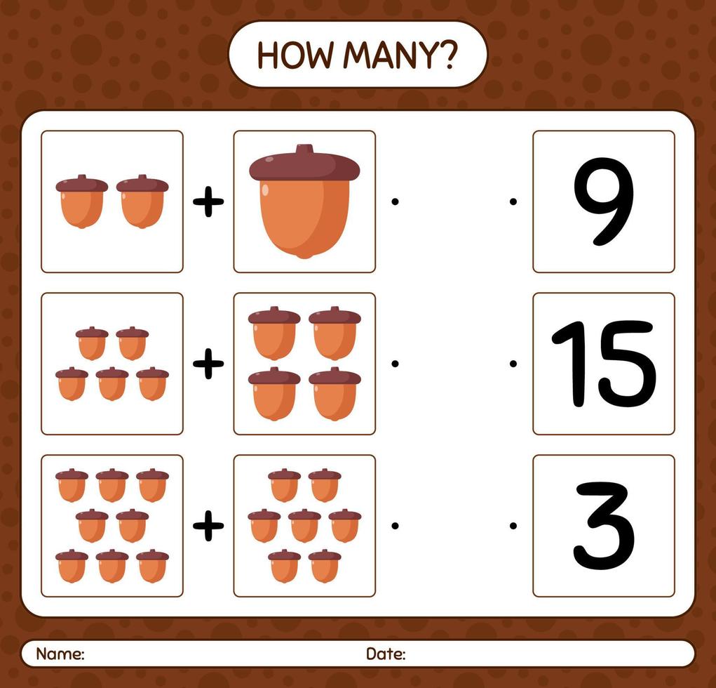 How many counting game with acorn. worksheet for preschool kids, kids activity sheet vector