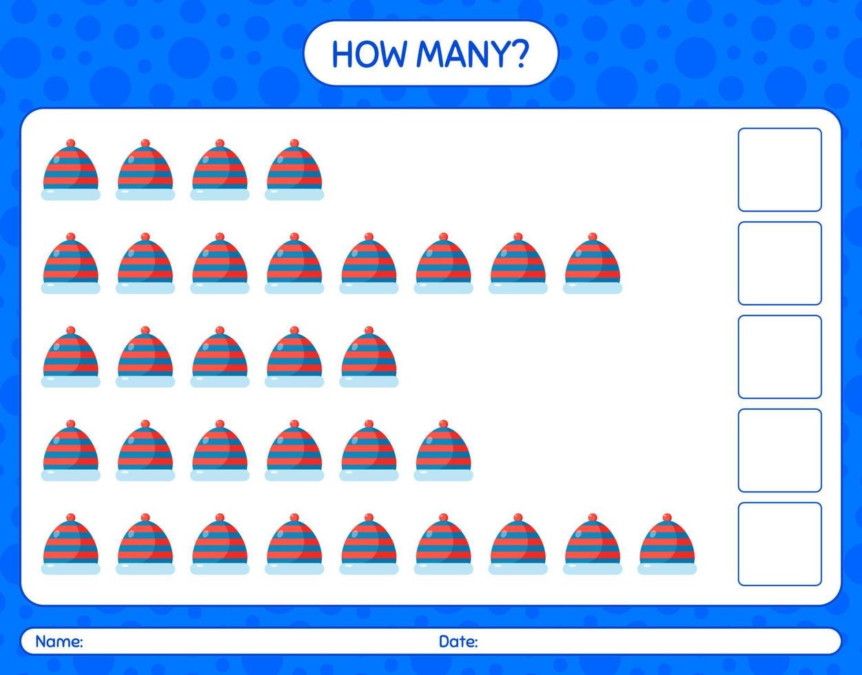 How many counting game with beanie. worksheet for preschool kids, kids activity sheet vector