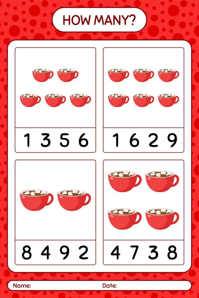 How many counting game with marshmallow on hot chocolate. worksheet for preschool kids, kids activity sheet vector