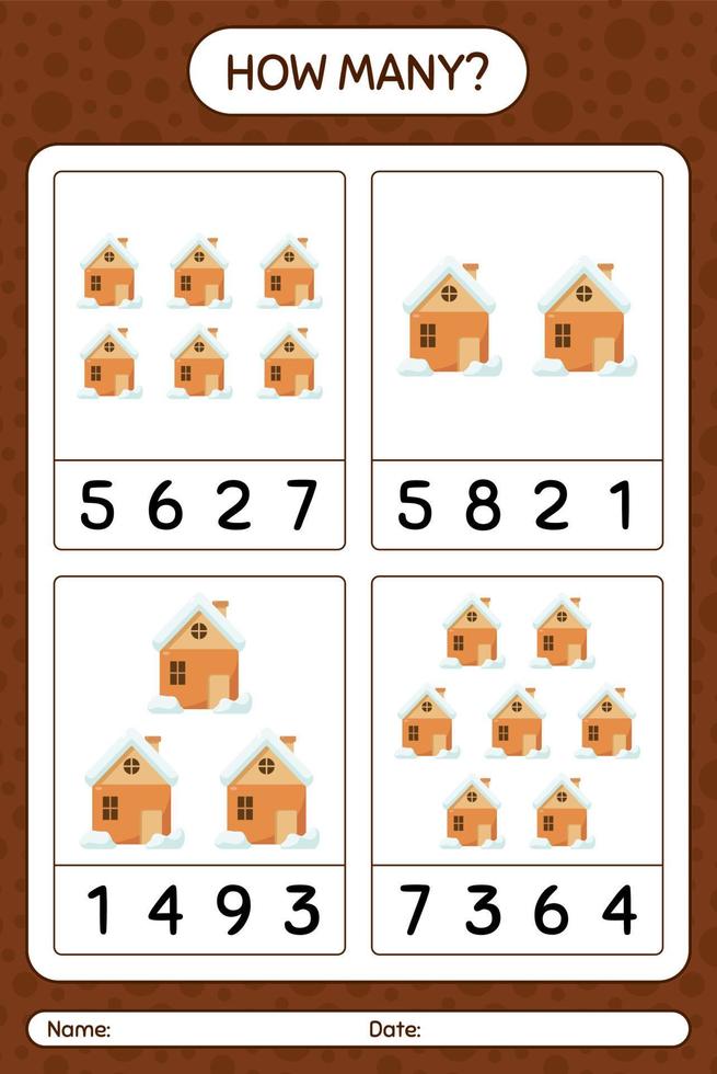 How many counting game with house. worksheet for preschool kids, kids activity sheet vector