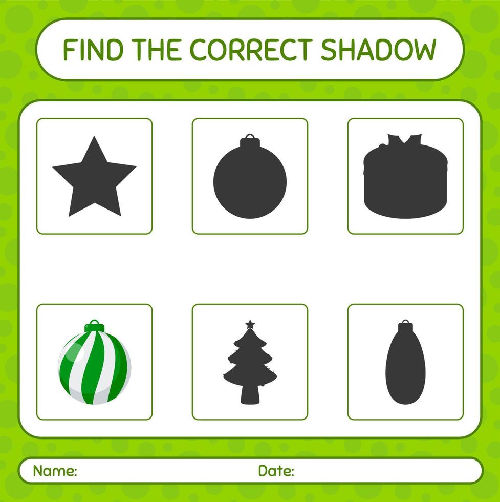 Find the correct shadows game with christmas ornament. worksheet for preschool kids, kids activity sheet vector