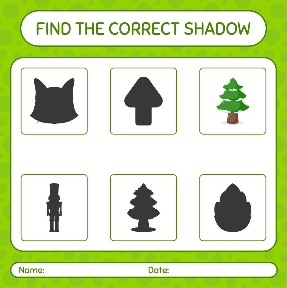 Find the correct shadows game with pine tree. worksheet for preschool kids, kids activity sheet vector