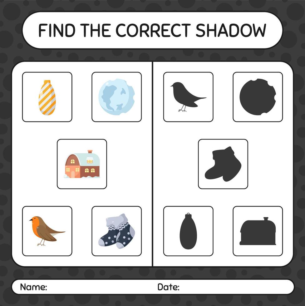 encuentra el juego de sombras correcto con el icono de navidad. hoja de trabajo para niños en edad preescolar, hoja de actividades para niños vector