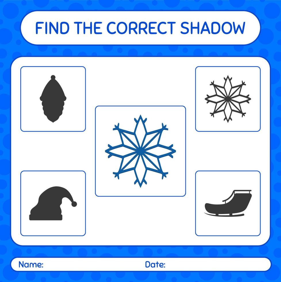 Find the correct shadows game with snowflake. worksheet for preschool kids, kids activity sheet vector
