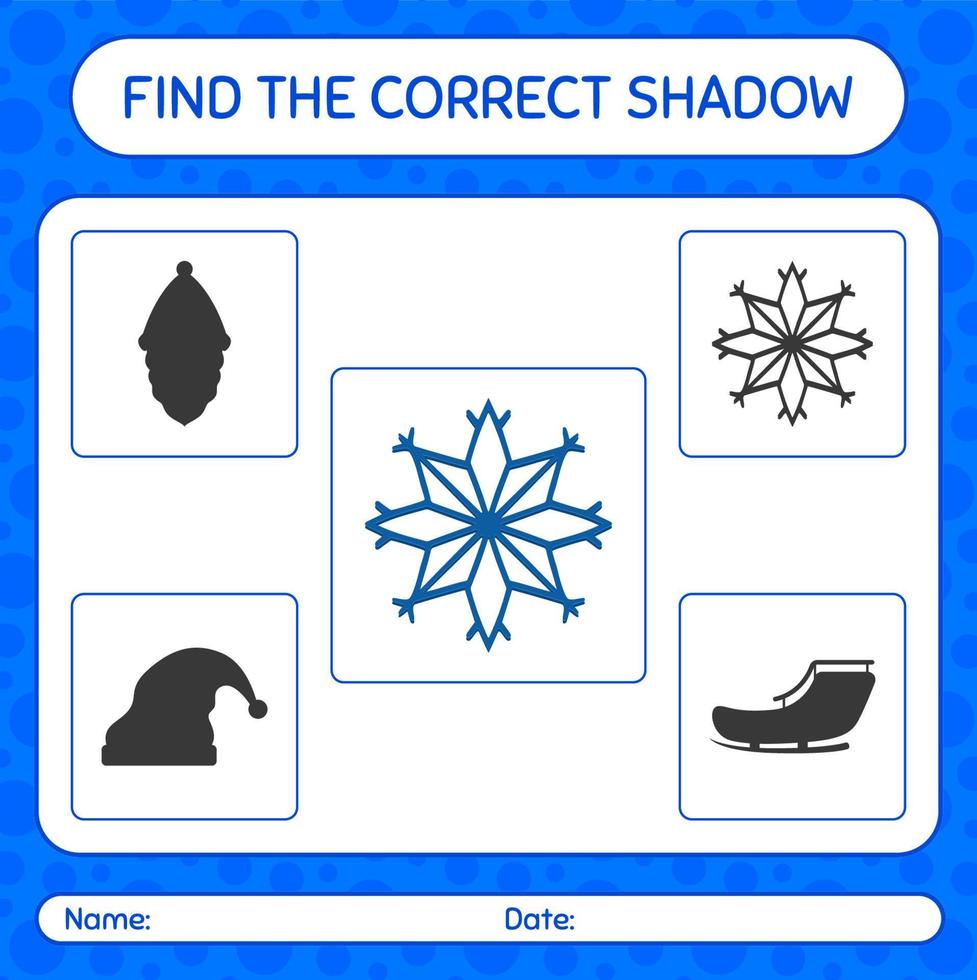 encuentra el juego de sombras correcto con copo de nieve. hoja de trabajo para niños en edad preescolar, hoja de actividades para niños vector