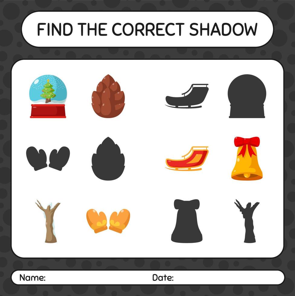 Find the correct shadows game with christmas icon. worksheet for preschool kids, kids activity sheet vector