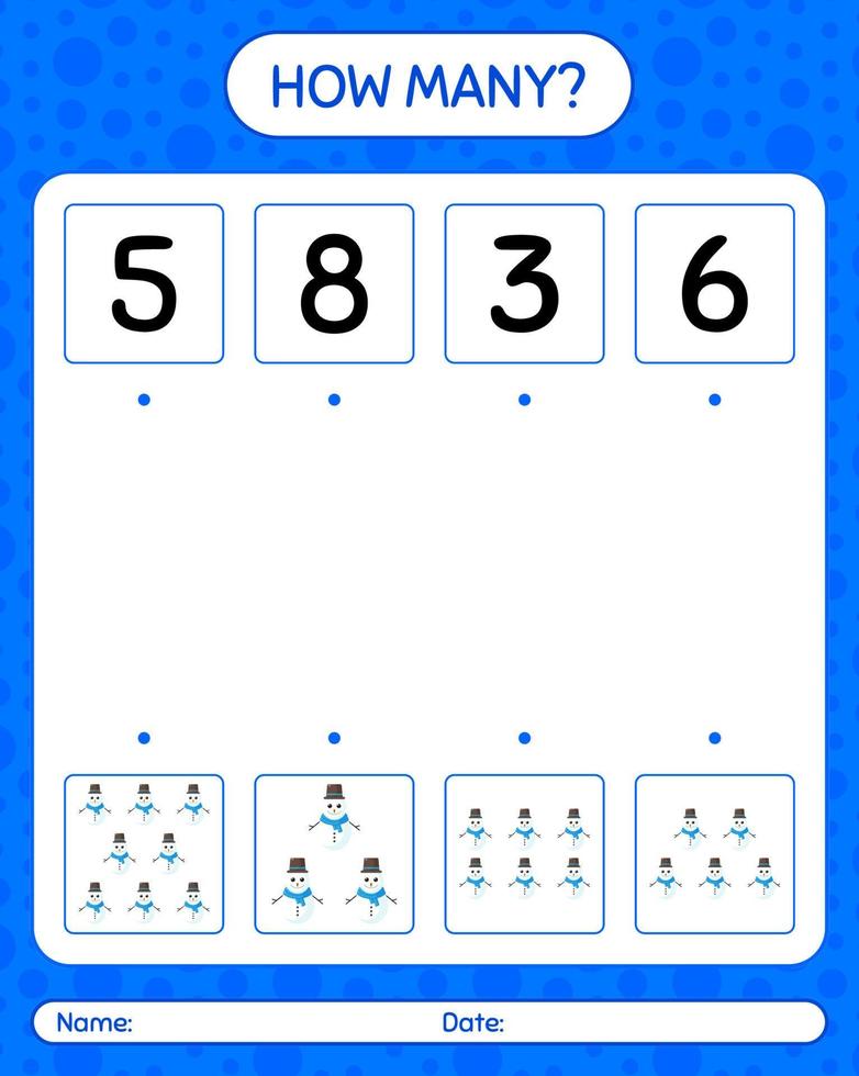 How many counting game with snowman. worksheet for preschool kids, kids activity sheet vector