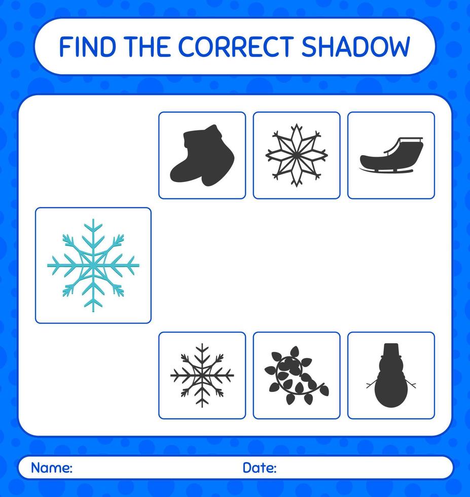 encuentra el juego de sombras correcto con copo de nieve. hoja de trabajo para niños en edad preescolar, hoja de actividades para niños vector