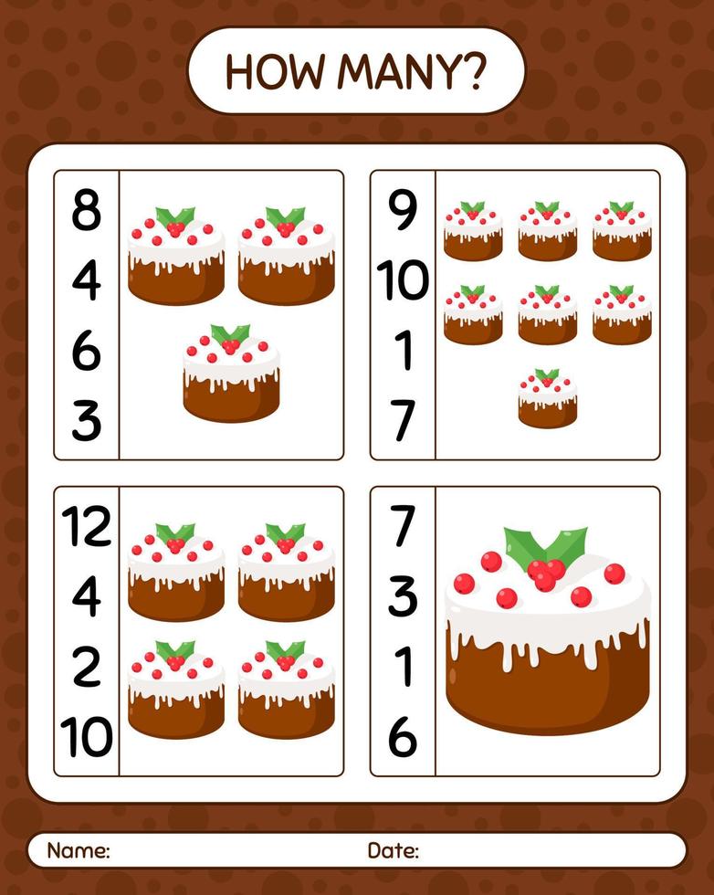 How many counting game with christmas cake. worksheet for preschool kids, kids activity sheet vector