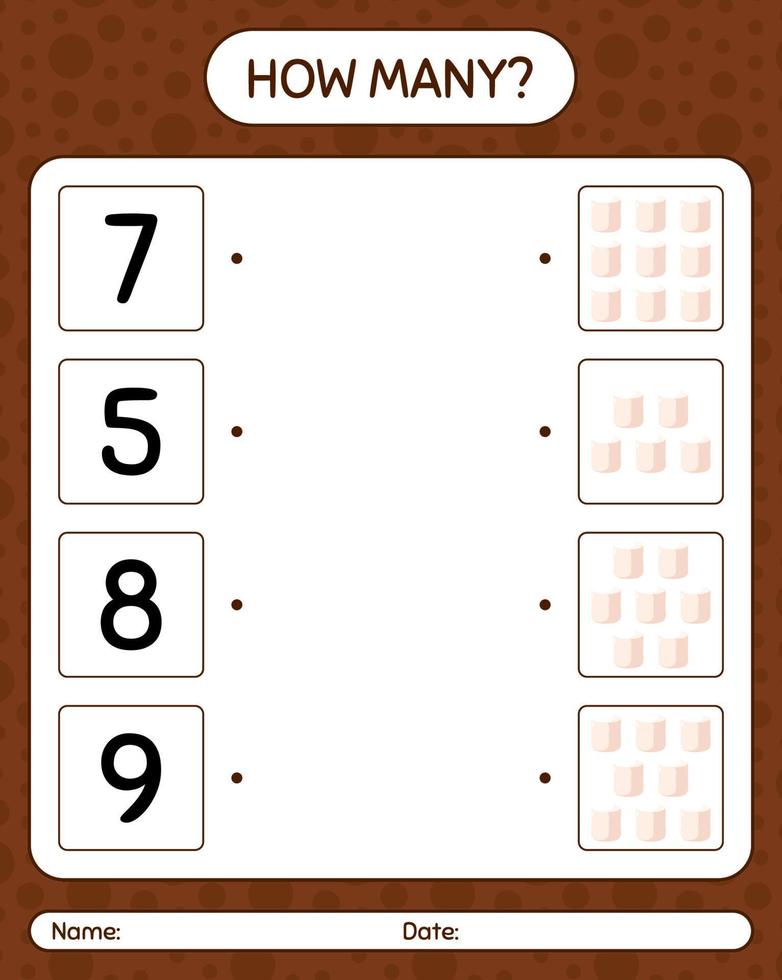 How many counting game with marshmallow. worksheet for preschool kids, kids activity sheet vector