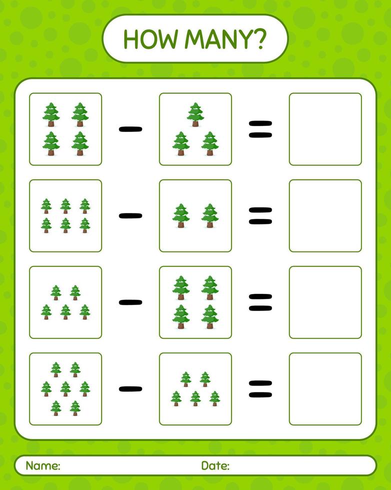 How many counting game with pine tree. worksheet for preschool kids, kids activity sheet vector