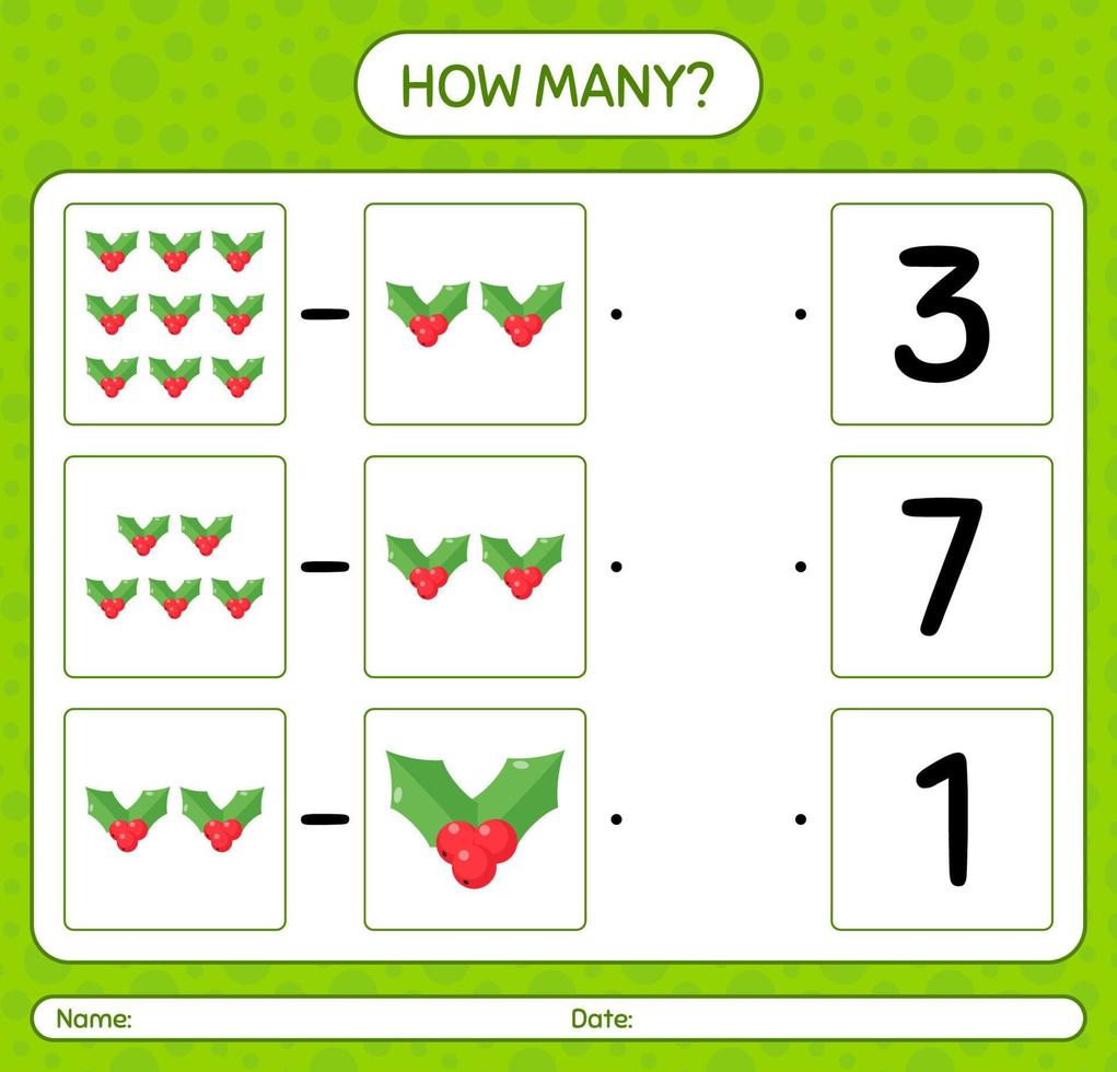 How many counting game with holly berry. worksheet for preschool kids, kids activity sheet vector