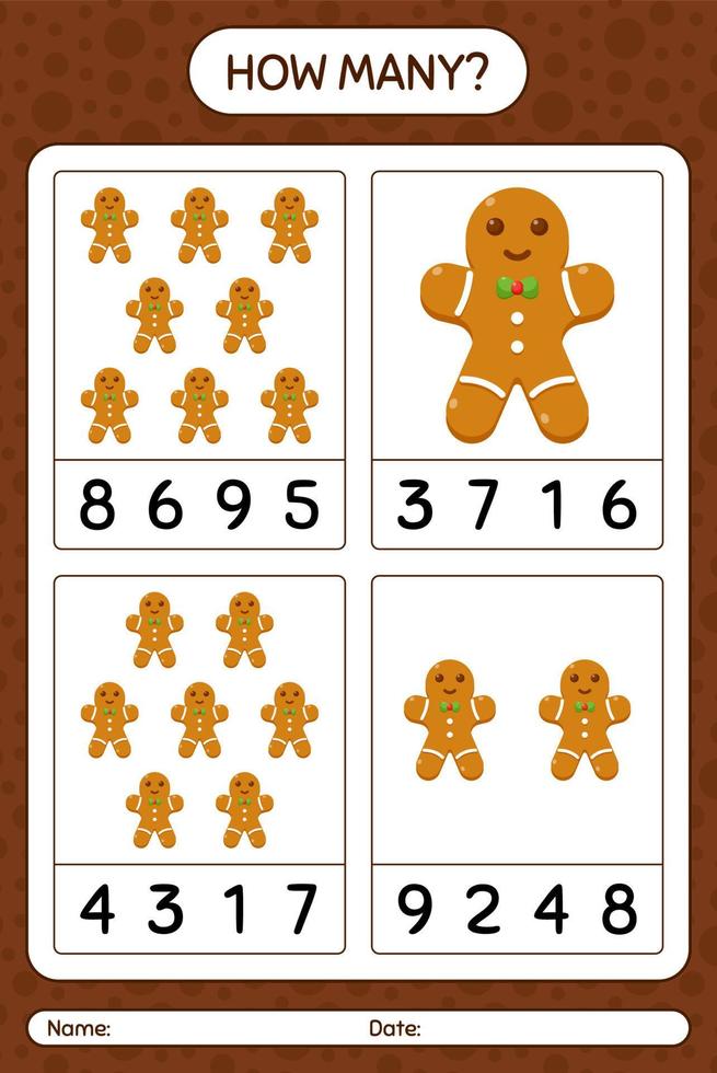 How many counting game with gingerbread cookie. worksheet for preschool kids, kids activity sheet vector