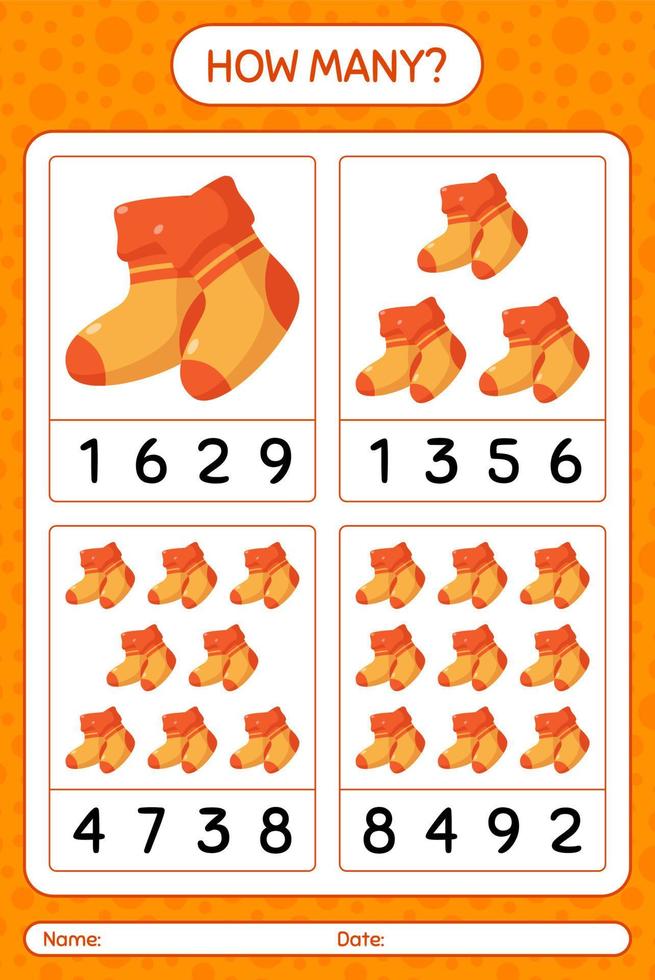How many counting game with sock. worksheet for preschool kids, kids activity sheet vector