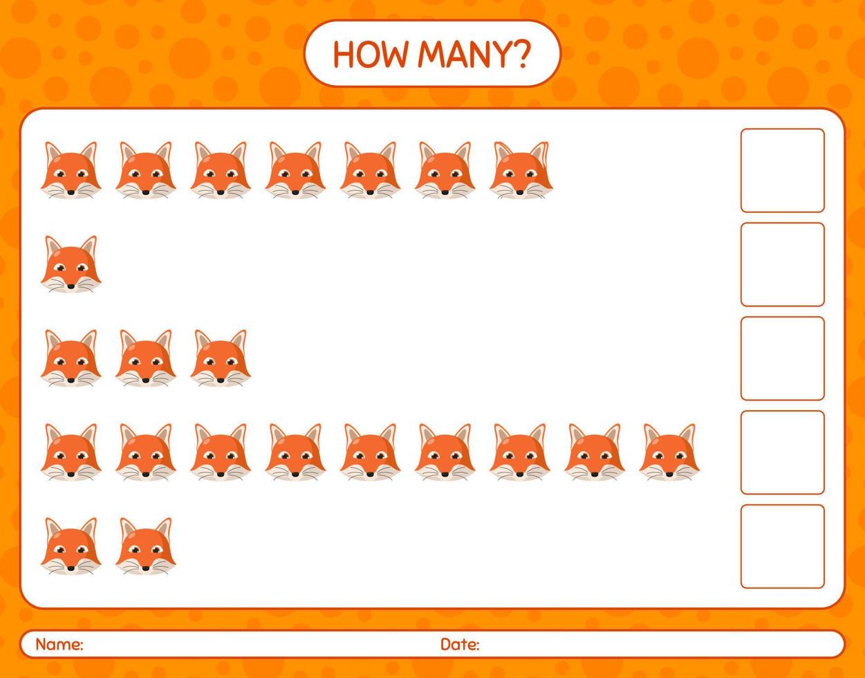 How many counting game with red fox. worksheet for preschool kids, kids activity sheet vector