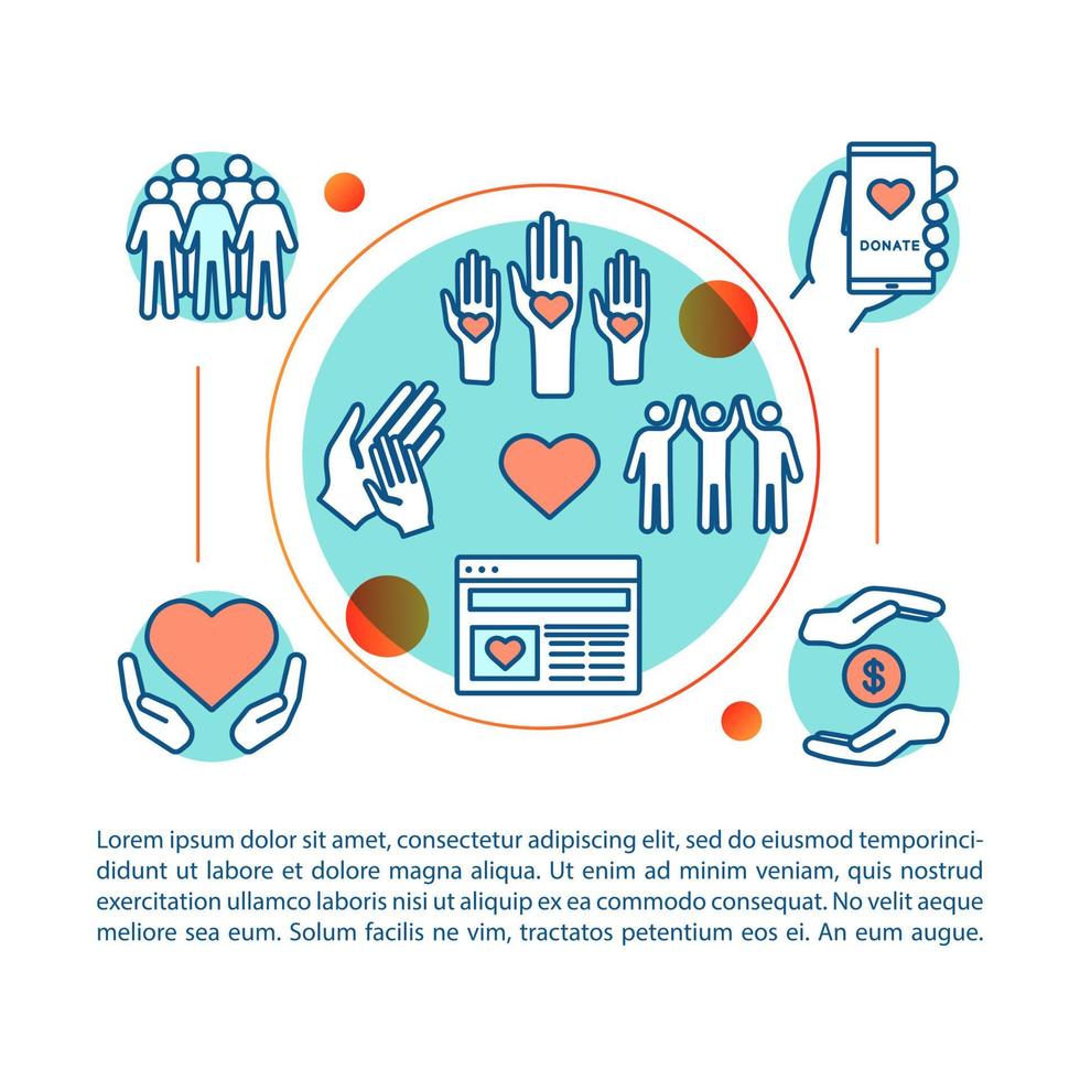 Volunteering concept linear illustration. Charity. Humanitarian help. Charitable organization. Article, brochure, magazine page layout. Thin line icons with text boxes. Vector isolated outline drawing