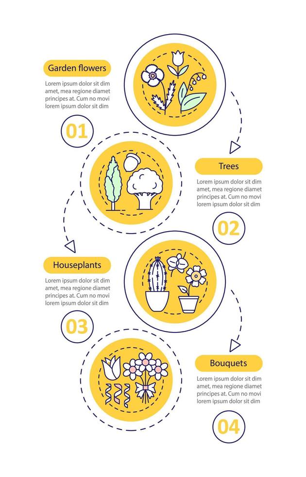 plantilla de infografía vectorial de plantas. flores de jardín, árboles, plantas de interior, ramos. visualización de datos con cuatro pasos y opciones. gráfico de línea de tiempo del proceso. diseño de flujo de trabajo vector