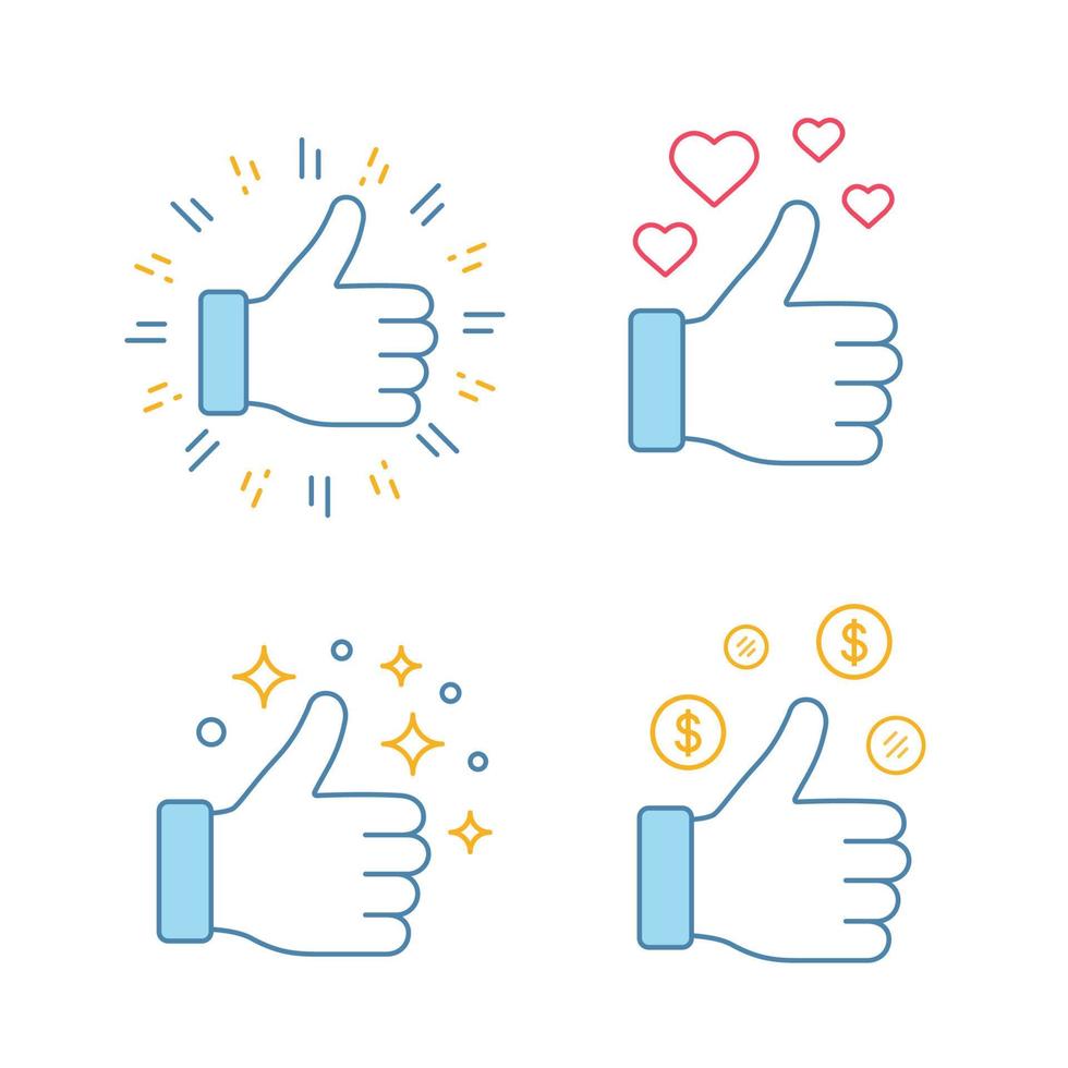 Like color icons set. Thumbs up, financial success. Good, nice, ok hand gestures. Social media voting. Rating, ranking. Isolated vector illustrations