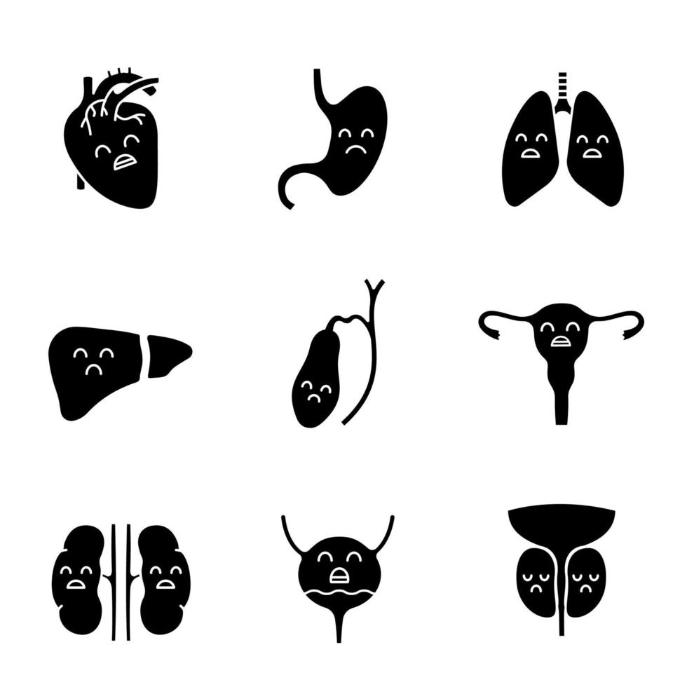 conjunto de iconos de glifo de órganos internos humanos tristes. enfermedades de los sistemas respiratorio, urinario, reproductivo, digestivo. órganos no saludables. símbolos de silueta. ilustración vectorial aislada vector