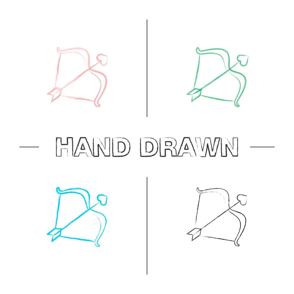 Cupid's bow and arrow hand drawn icons set. Valentine's Day. Color brush stroke. Isolated vector sketchy illustrations