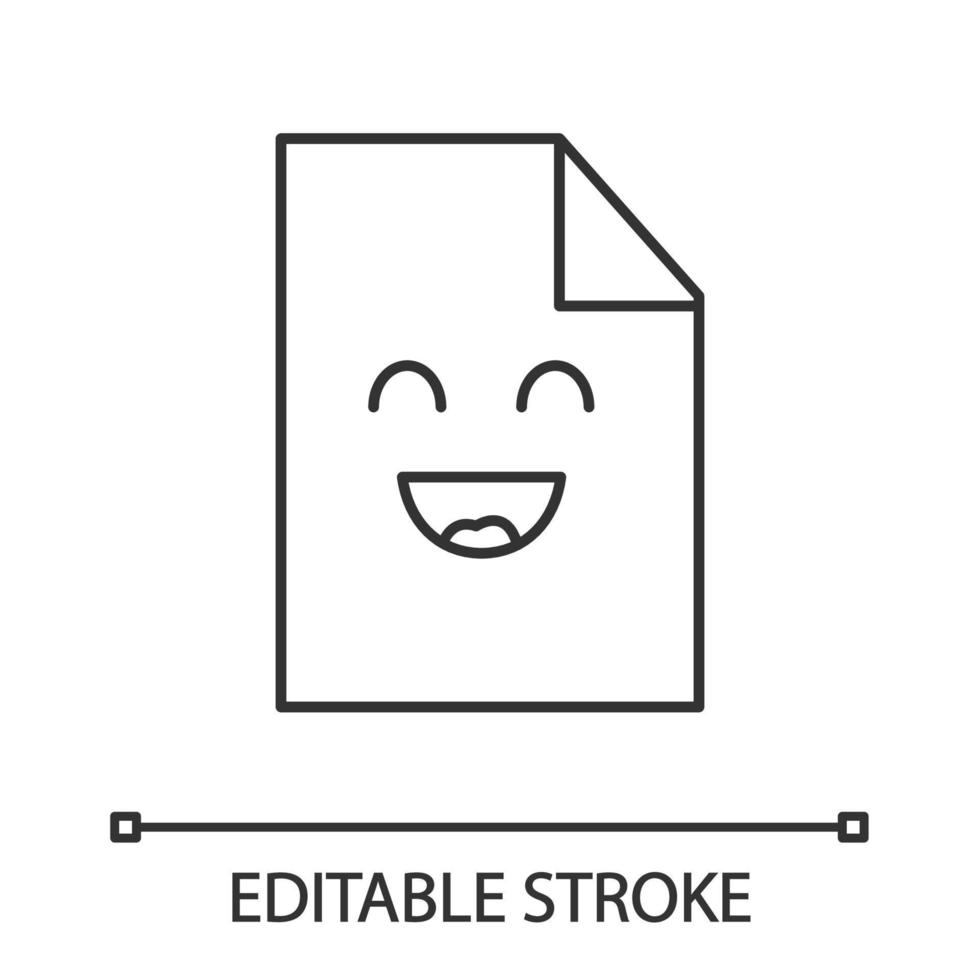 Smiling file character linear icon. Happy document. Thin line illustration. Successful agreement, contract. Excellent review. Emoji, emoticon. Contour vector isolated outline drawing. Editable stroke