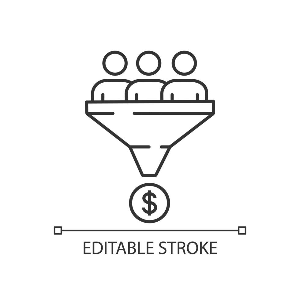 Traffic conversion linear icon. Sales funnel. Thin line illustration. Internet marketing strategy. Customer filter. Conversion rate. Lead generation. Contour symbol. Vector isolated outline drawing
