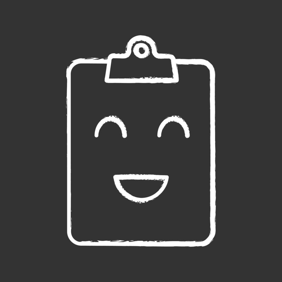 Smiling clipboard chalk icon. Test completed. Successful medical exam. Happy clipboard. Good results. Emoji, emoticon. Isolated vector chalkboard illustration