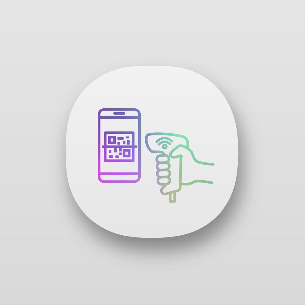 pago qr con escáner de código escaneando el icono de la aplicación de pantalla del teléfono. Lector de código de barras wifi 2d. escáner de código de barras de código qr inalámbrico vector