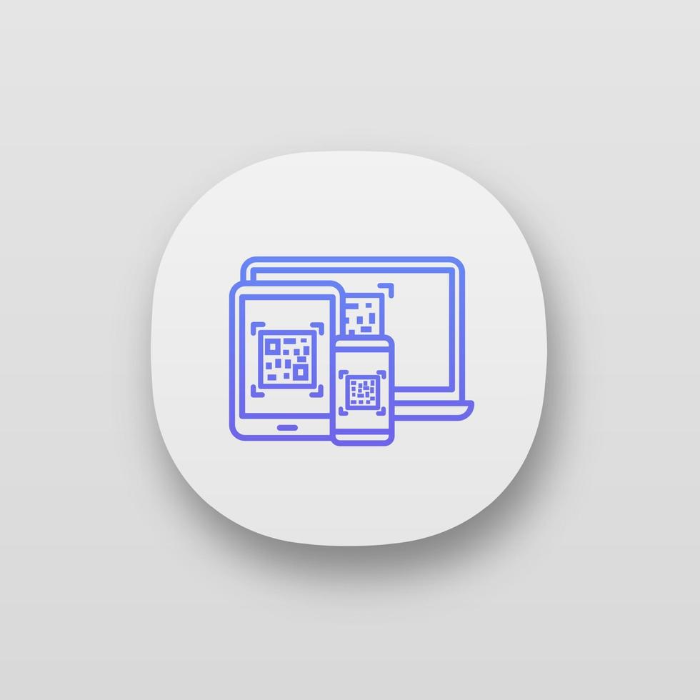 QR codes on different devices app icon. Matrix barcodes generator. 2D codes on laptop, smartphone, tablet pc. Data matrix. Barcode reading, scanning apps. UI UX interface. Vector isolated illustration