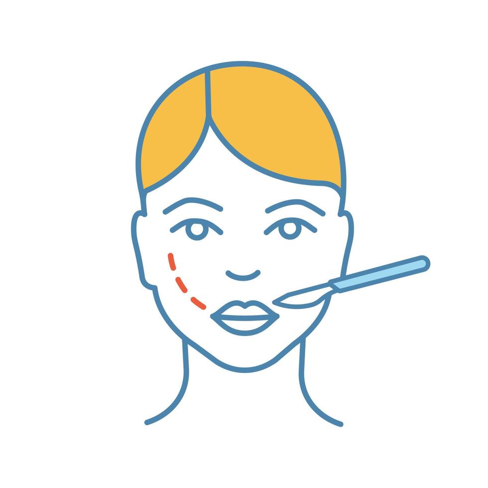 icono de color de la cirugía de elevación de mejillas. implantes de aumento de mejillas. cirugía plástica. rejuvenecimiento facial quirúrgico. procedimiento quirúrgico de estiramiento facial. ilustración vectorial aislada vector