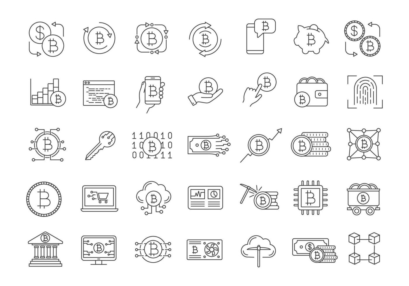 Bitcoin cryptocurrency linear icons set. Digital money. Crypto currency. Mining business. Bitcoin trading. Thin line contour symbols. Isolated vector outline illustrations. Editable stroke