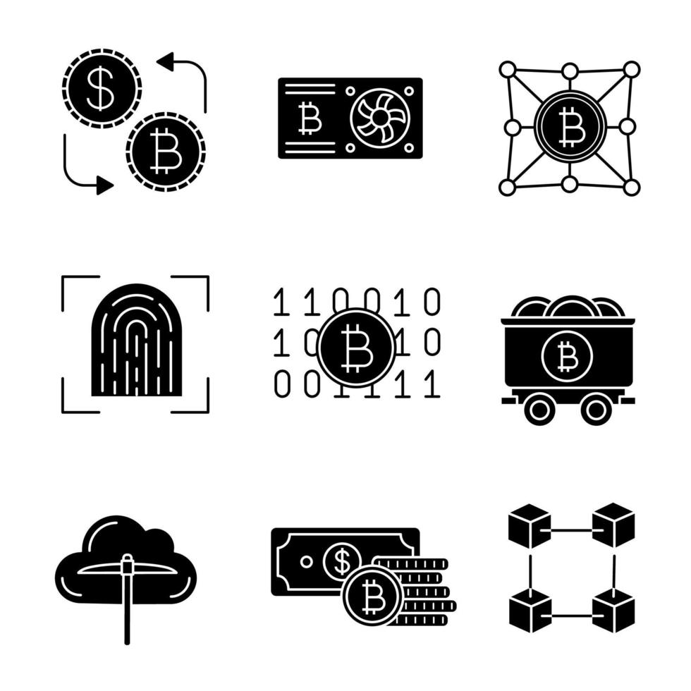 conjunto de iconos de glifo de criptomoneda bitcoin. tarjeta gráfica, intercambio de bitcoins, código binario, escaneo de huellas dactilares, carrito de minas, minería en la nube, dinero, blockchain, fintech. ilustración vectorial aislada vector