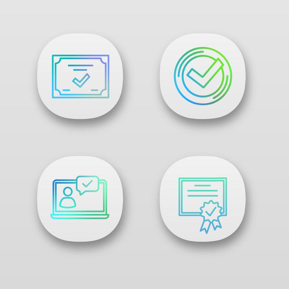 Approve app icons set. Verification and validation. Chat approved, certificate, check mark. UI UX user interface. Web or mobile applications. Vector isolated illustrations