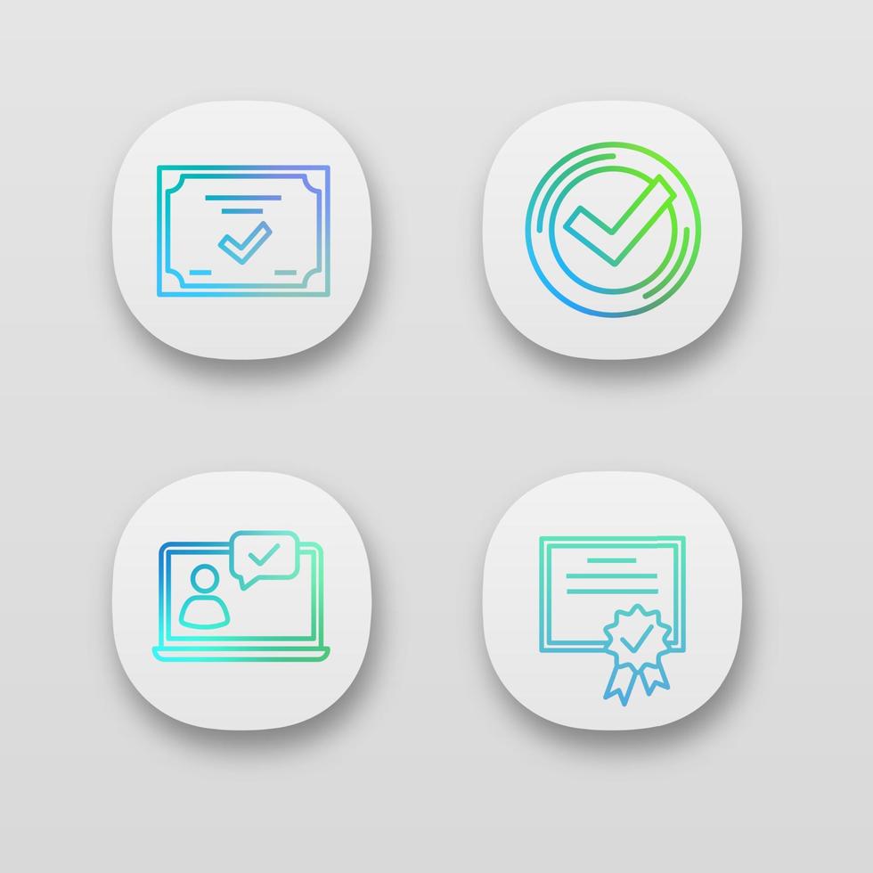 aprobar el conjunto de iconos de la aplicación. verificación y validación. chat aprobado, certificado, marca de verificación. interfaz de usuario ui ux. aplicaciones web o móviles. Ilustraciones de vectores aislados