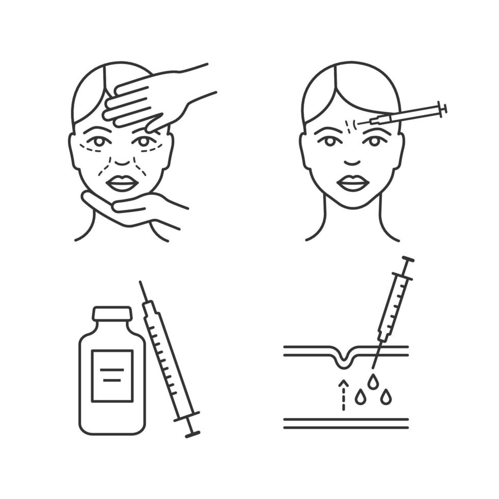 Neurotoxin injection linear icons set. Cosmetologist examination, neurotoxin, forehead injection. Thin line contour symbols. Isolated vector outline illustrations. Editable stroke