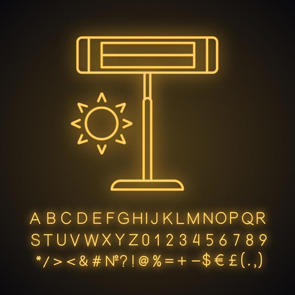 Infrared heater neon light icon. Pedestal electric heater. Household appliance. IR heating lamp. Glowing sign with alphabet, numbers and symbols. Vector isolated illustration